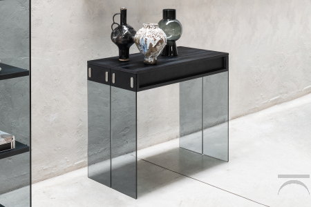 Tavolo consolle di design City con gambe in vetro e piano in laminato