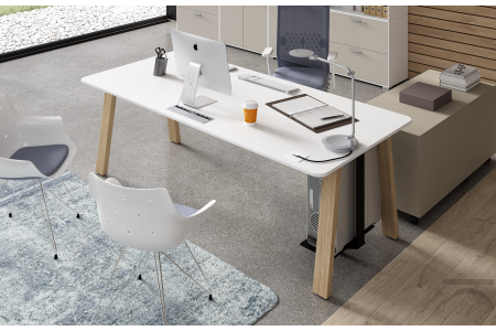 Scrivania moderna bianca da ufficio con gambe in rovere anticato