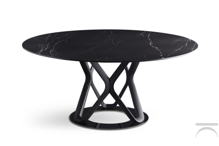 Tavolo rotondo con anello base cromato struttura in legno tinto nero e piano in marmo nero marquinia.