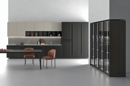 Modern fitted kitchen with laminate worktop, LED under-cabinet lighting and internally illuminated display cabinets
