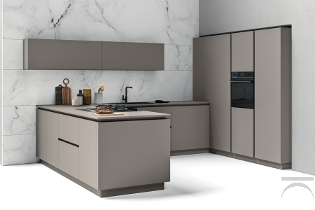 Modern horseshoe-shaped Fenix kitchen with groove profile