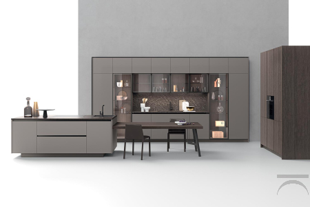 Design niche kitchen with central island next to a dining table