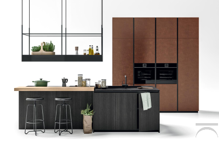 Modern fitted kitchen with central island and designer ceiling hood