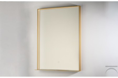 Specchiera design da bagno con cornice in oro e mensola porta oggetti