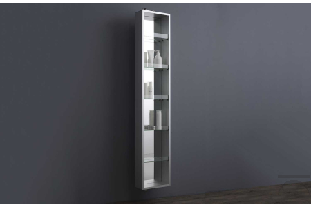 Specchio girevole contenitore di design con ripiani in vetro