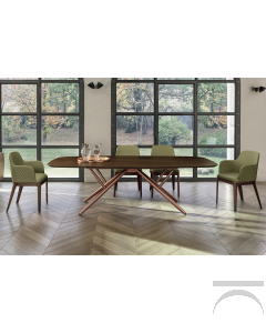 Tavolo elegante da soggiorno con piano a botte in legno impiallacciato e gambe centrali in oro rosa