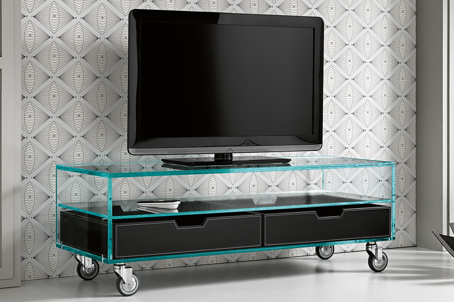 TV stand Comò Modern and elegant in glass with shelves and wheels