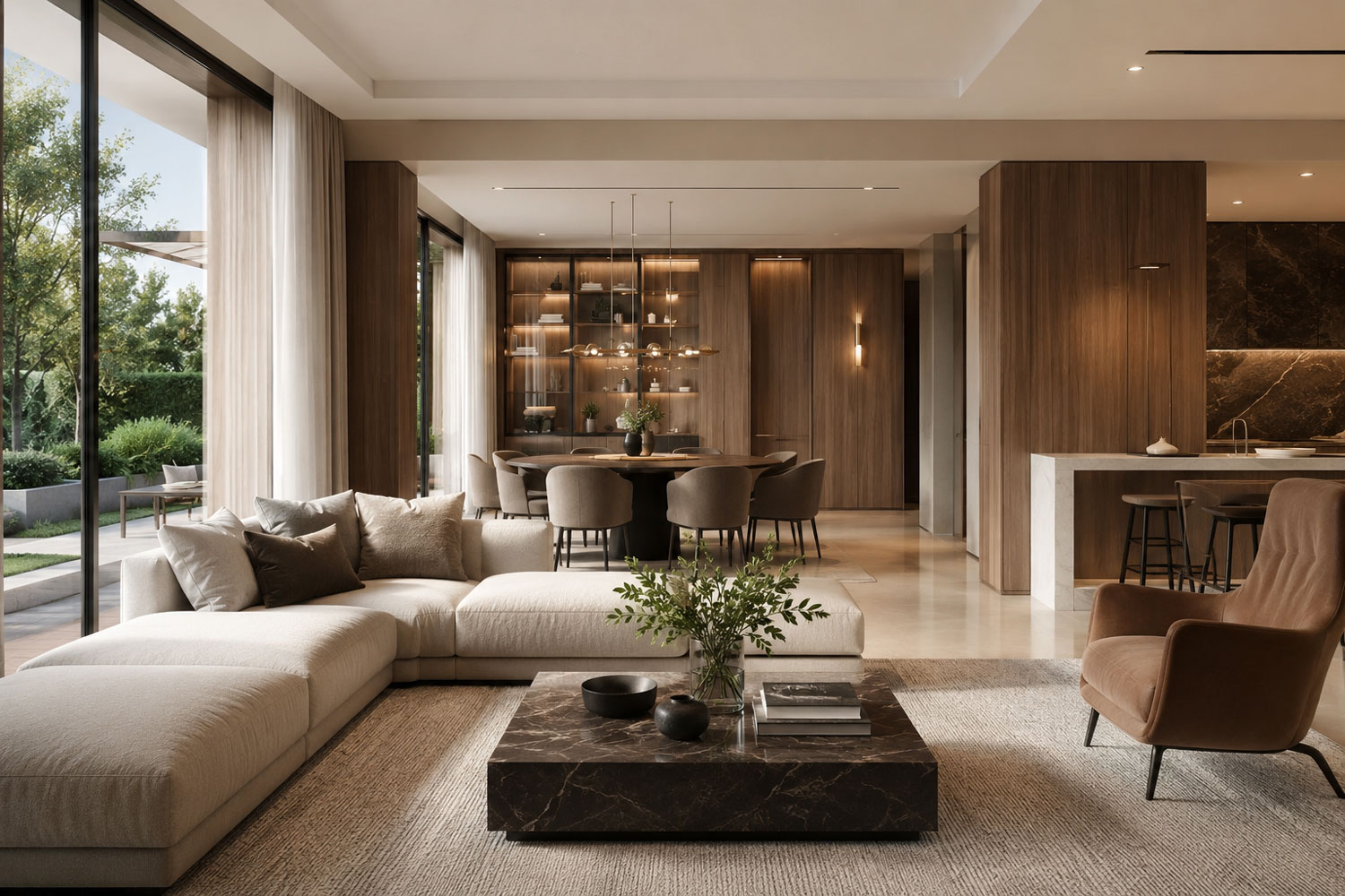 Zona giorno contemporanea con arredi coordinati, materiali naturali e illuminazione integrata