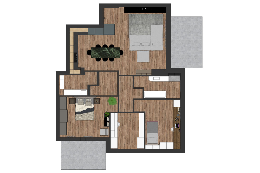 Floor plan of the open-plan kitchen and living room project in Conegliano