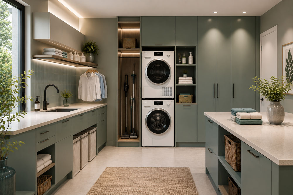 Interior detail of a modern utility room cupboard with broom compartment and detergent shelves