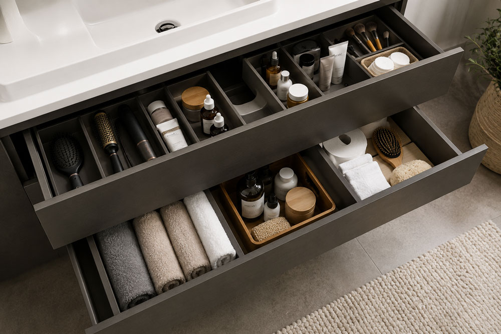 Interior detail of organised bathroom vanity drawers with internal dividers for cosmetics and accessories