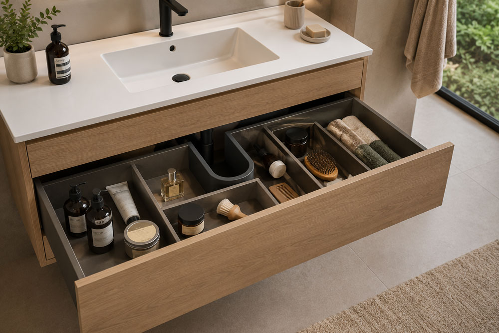 Drawer with cut-out for the waste trap in a bathroom vanity unit