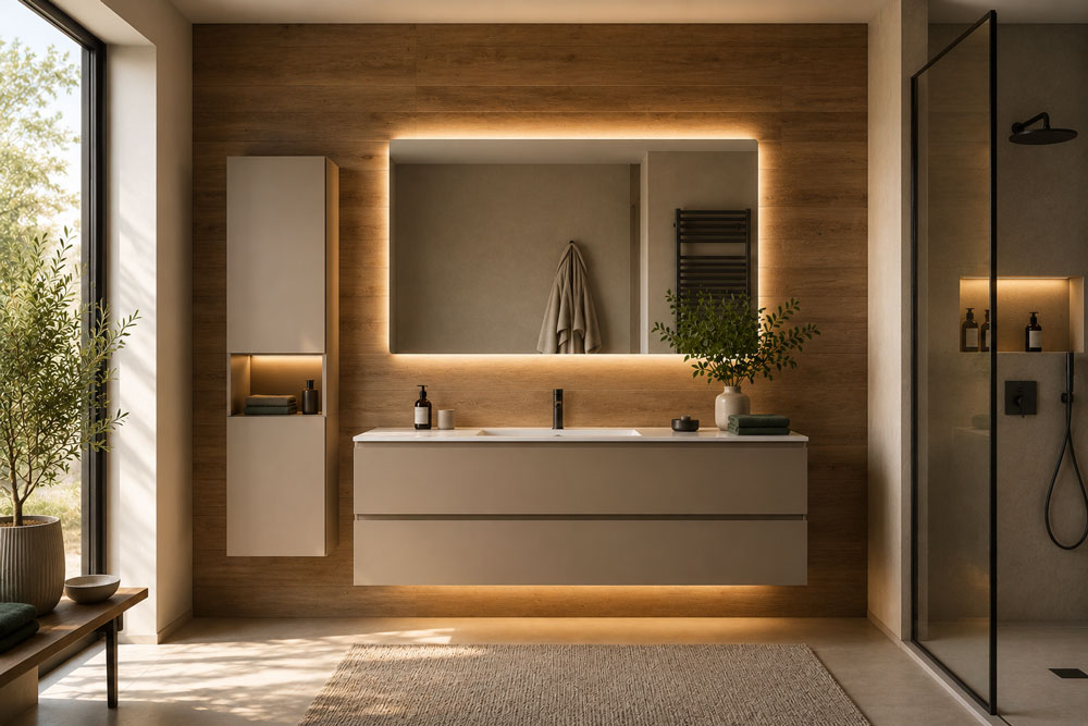 Modern designer bathroom with a balanced combination of neutral colours and integrated LED lighting