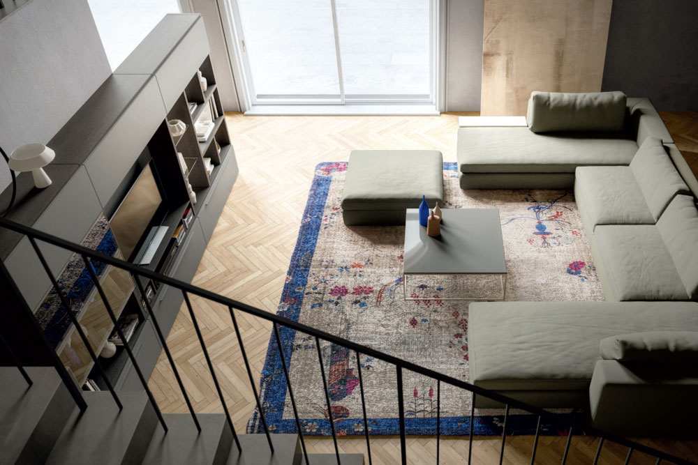 How to furnish a living room: example of a balanced layout with sofa and TV unit