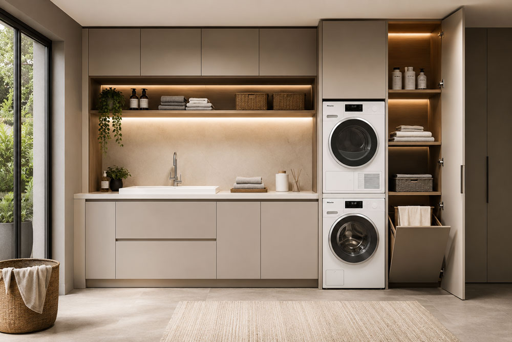 Modern utility room organised with storage cupboards and stacked washer dryer column