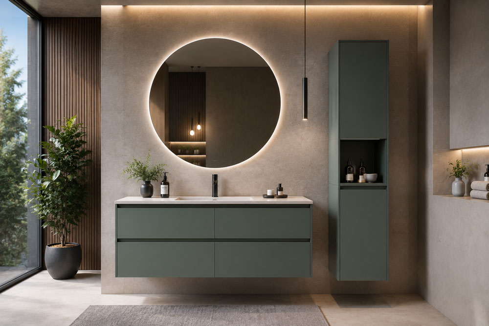 Bathroom composition with vanity unit and coordinated tall storage unit