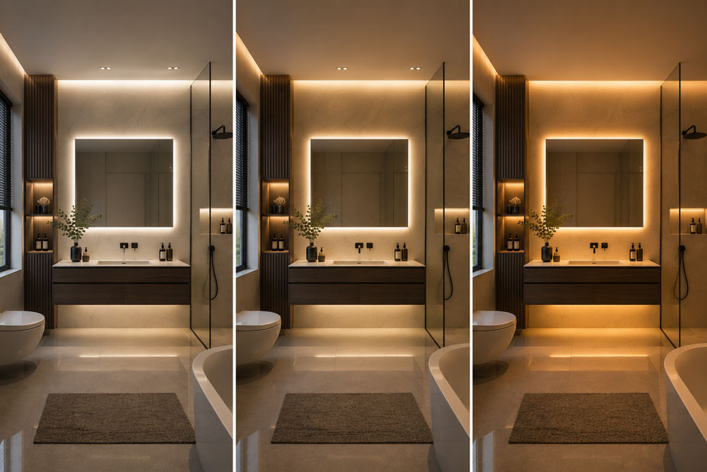 Three bathroom atmosphere examples: minimalist with neutral light, warm contemporary and spa-inspired with wood and warm 2700K light