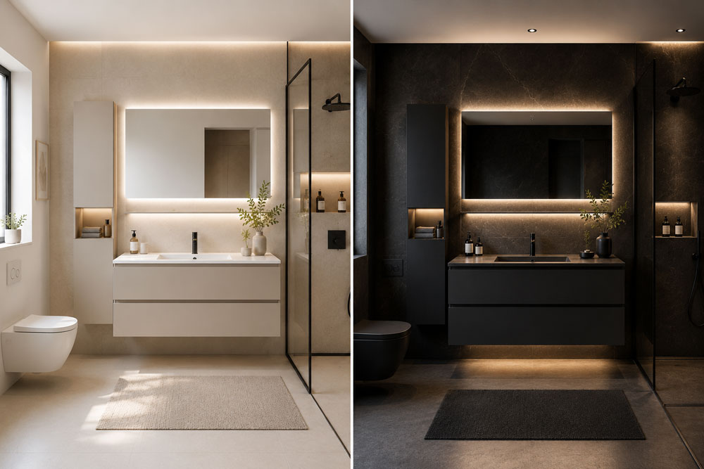 Interior comparison between a bright bathroom with light taupe finishes and a modern high-contrast anthracite bathroom
