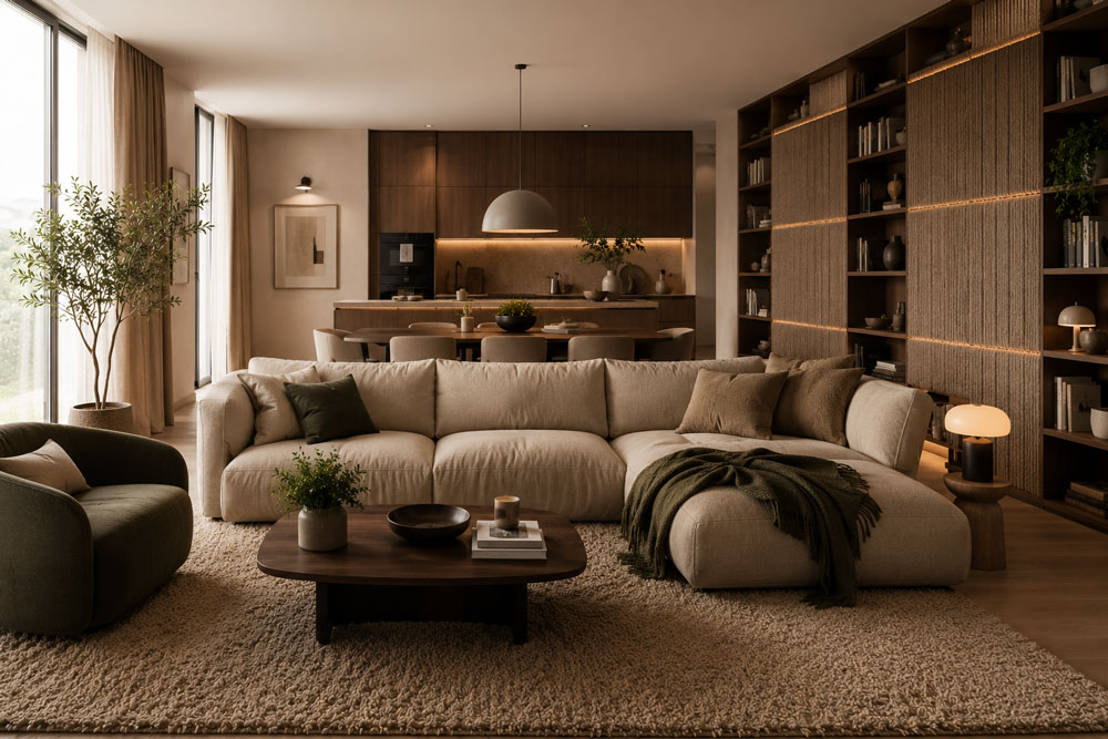 Salón open space con soluciones de decoración para reducir eco y reverberación en casa