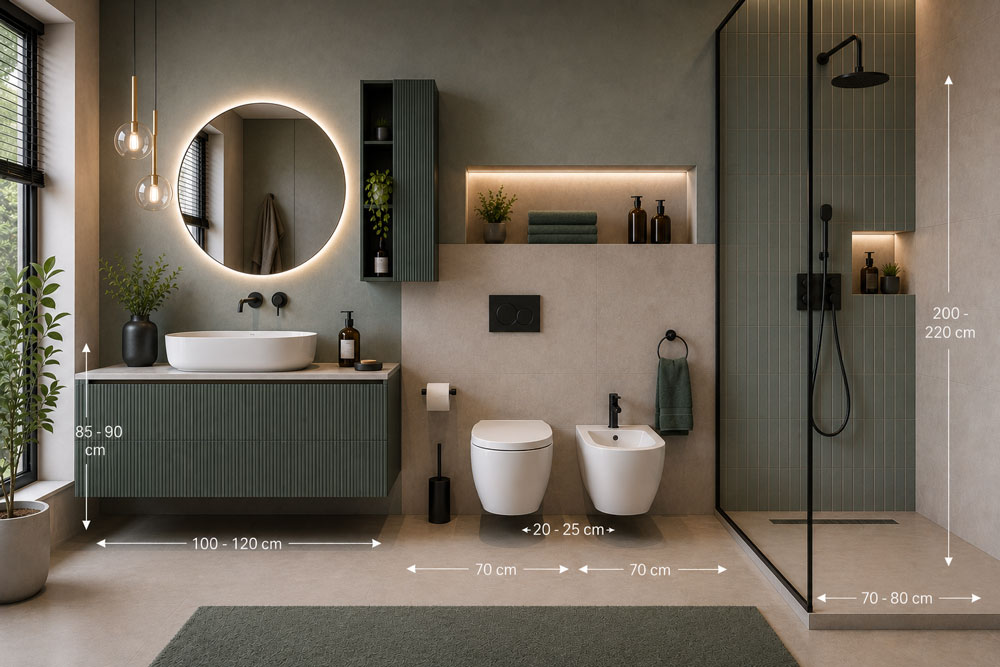 Correct bathroom dimensions and clearances with vanity unit and sanitaryware