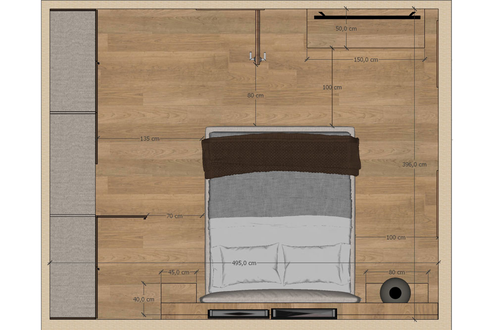 Bedroom layout guide showing recommended clearance space between bed, bedside tables and wardrobe