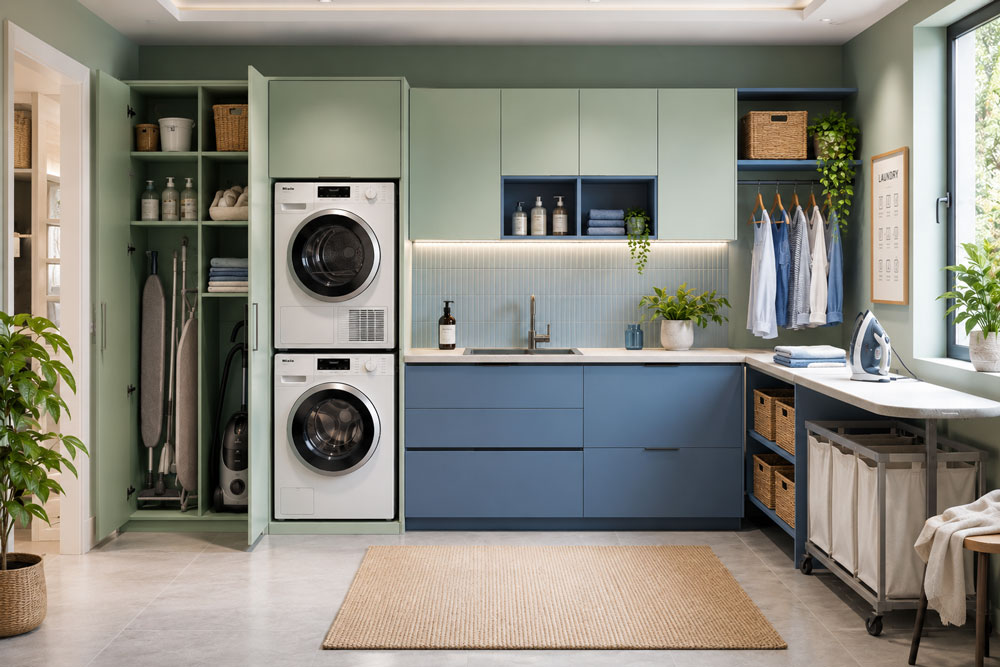 Dimensions and organisation of a modern utility room with cupboards and stacked washer dryer column