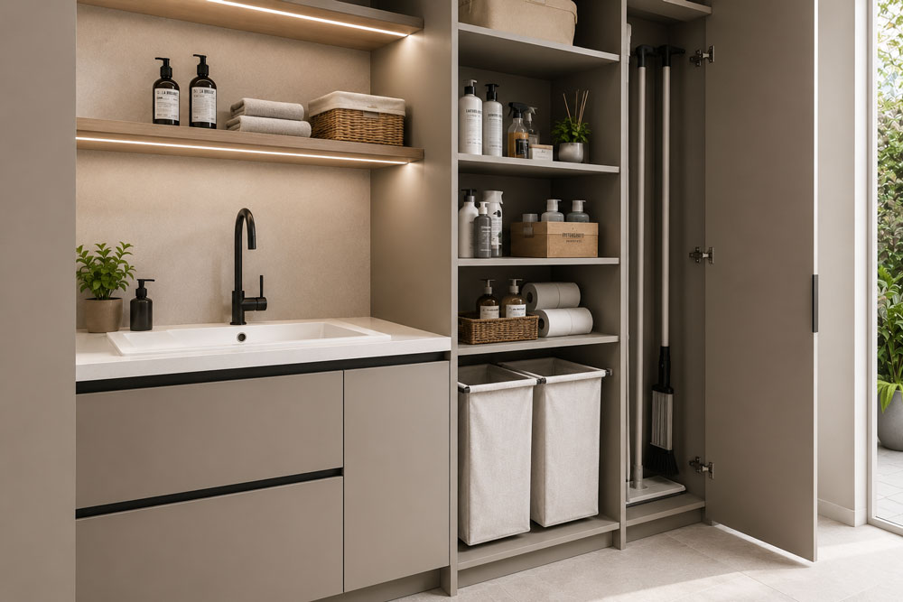 Detail of a modern utility sink unit next to an organised laundry cupboard