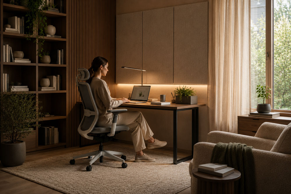 Zona home office silenciosa con confort ergonómico y materiales que reducen la reverberación