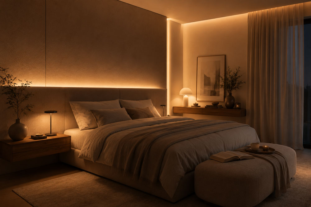 Warm indirect bedroom lighting for relaxation and sleep