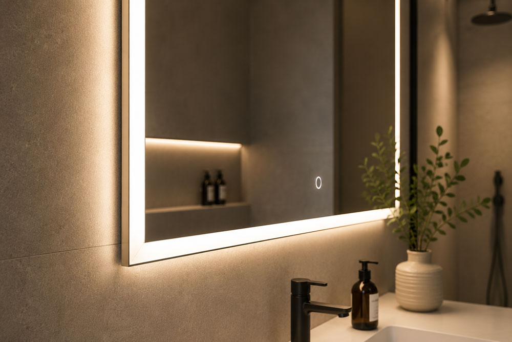 Detail of a modern bathroom mirror with integrated front LED lighting and high colour rendering