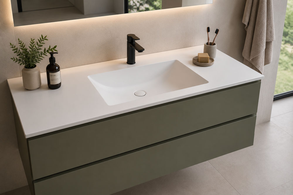 Integrated basin in a bathroom vanity unit countertop
