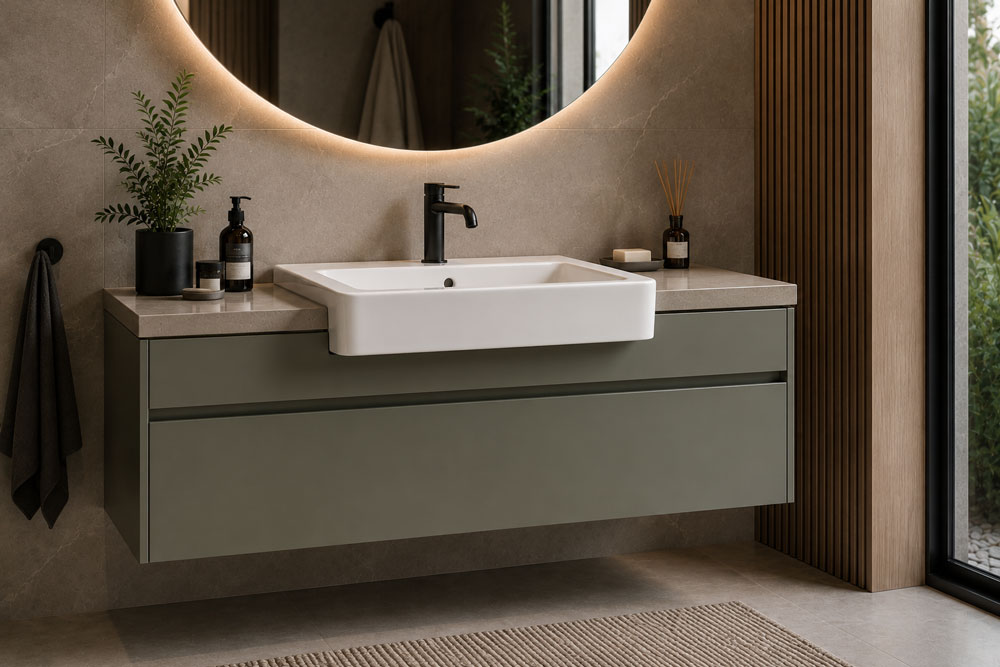 Semi-recessed basin installed on a bathroom vanity unit