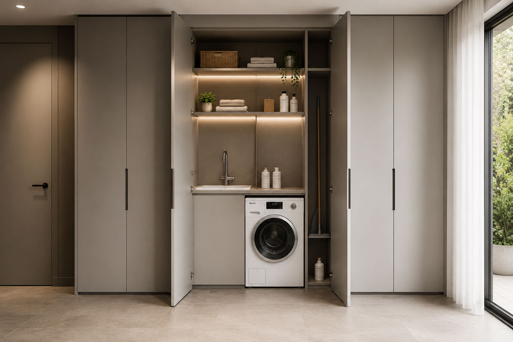Fully concealed integrated utility area inside a modern storage cupboard