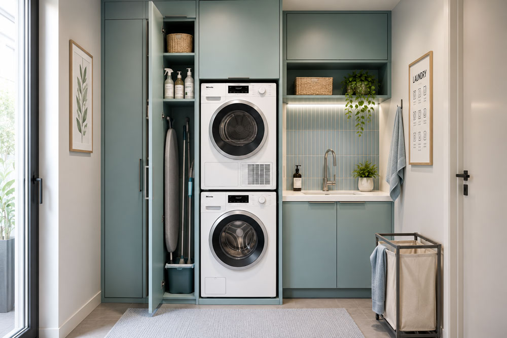 Space-saving solution for a small utility room organised vertically with tall furniture units