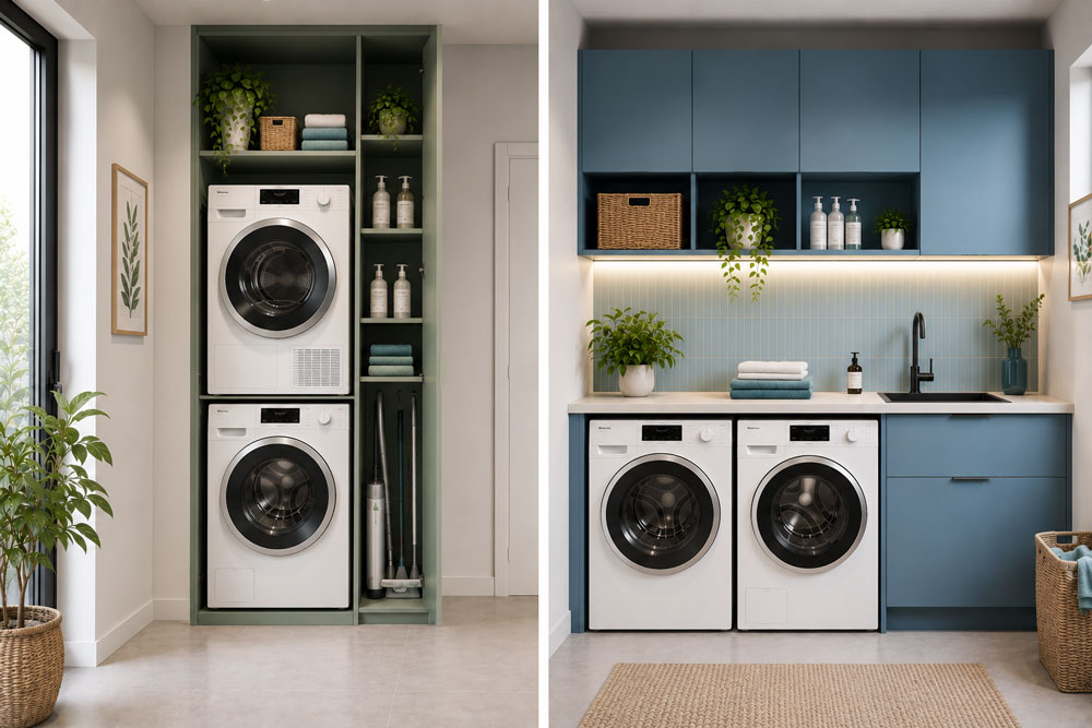 Comparison between stacked and side-by-side washing machine and tumble dryer layouts