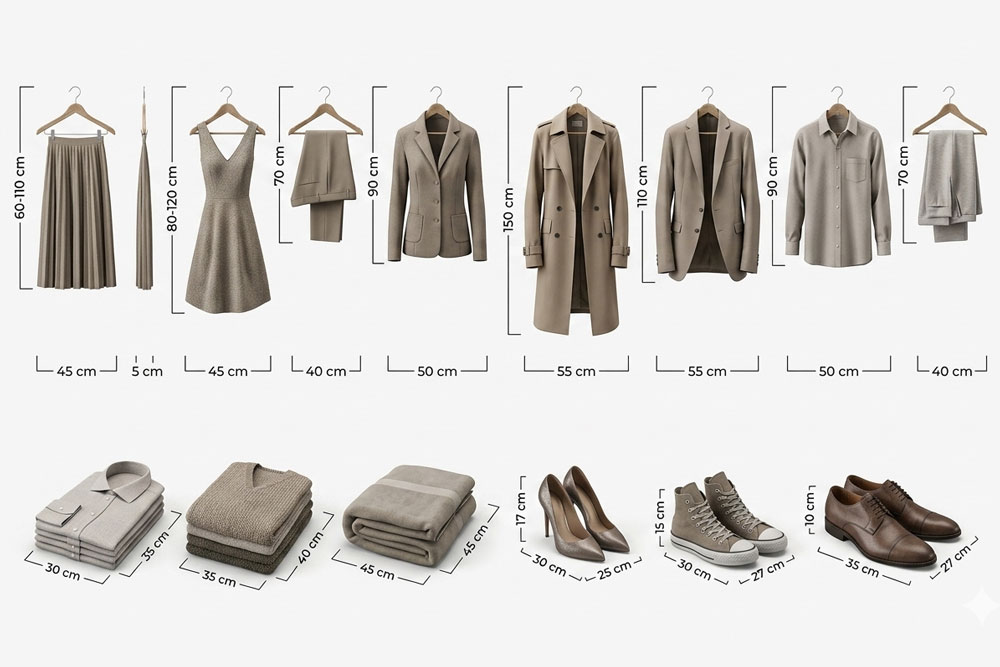 Clothing measurements and space required inside a wardrobe
