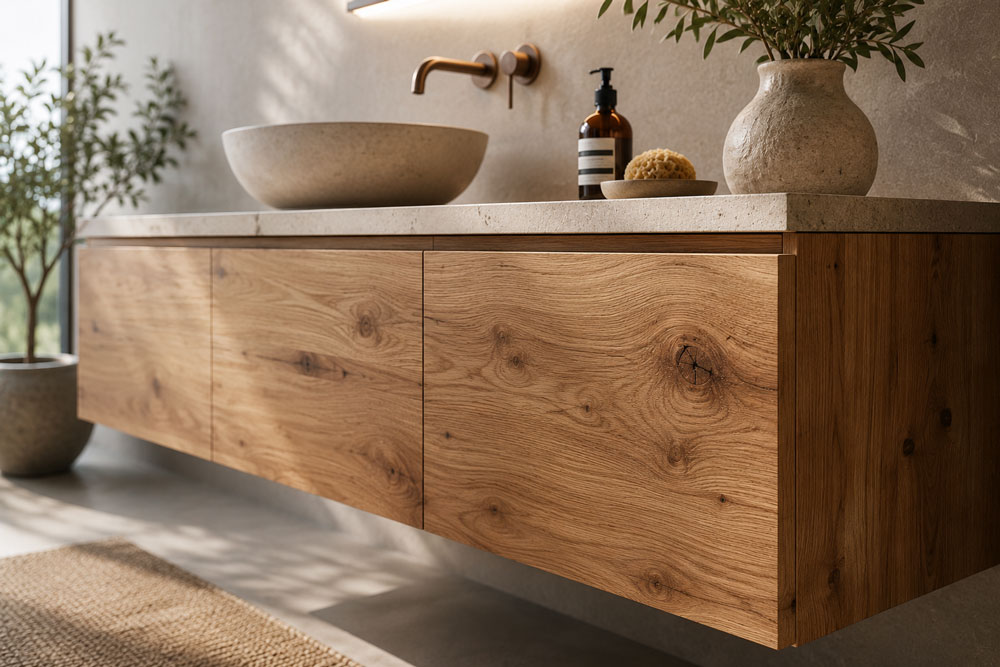 Bathroom furniture inspiration with vanity unit in natural wood finish