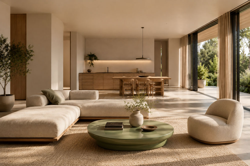 Salón biofílico ordenado con materiales naturales y mobiliario esencial