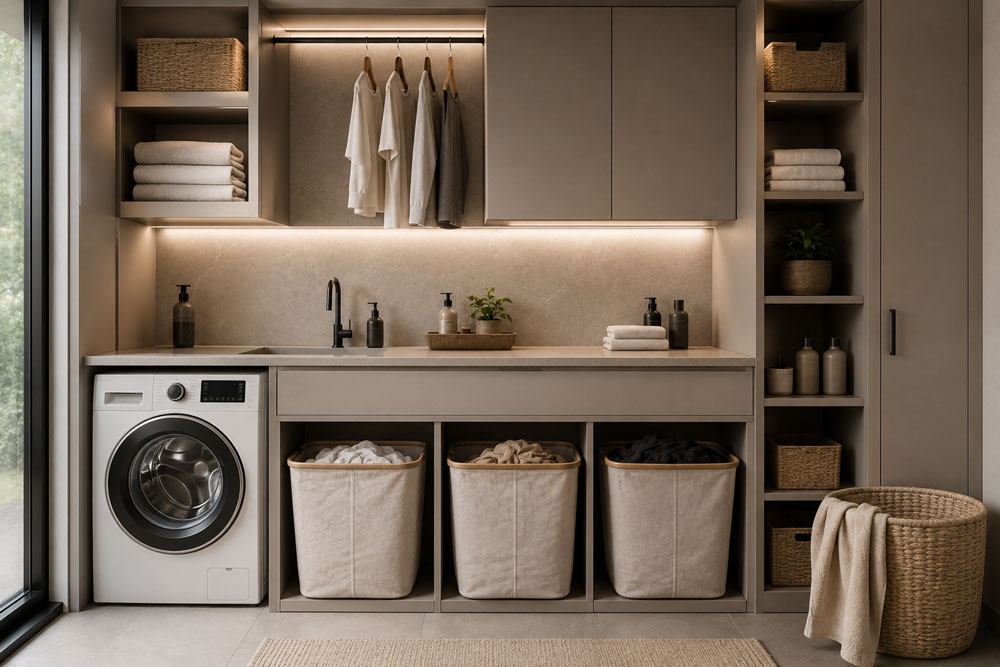 Utility room organisation with dedicated space for baskets to separate laundry