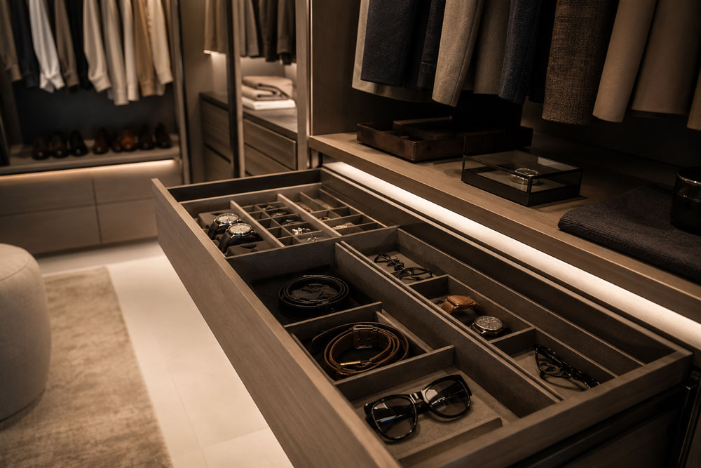 Vestidor de diseño con cajones organizados y divisores interiores para accesorios