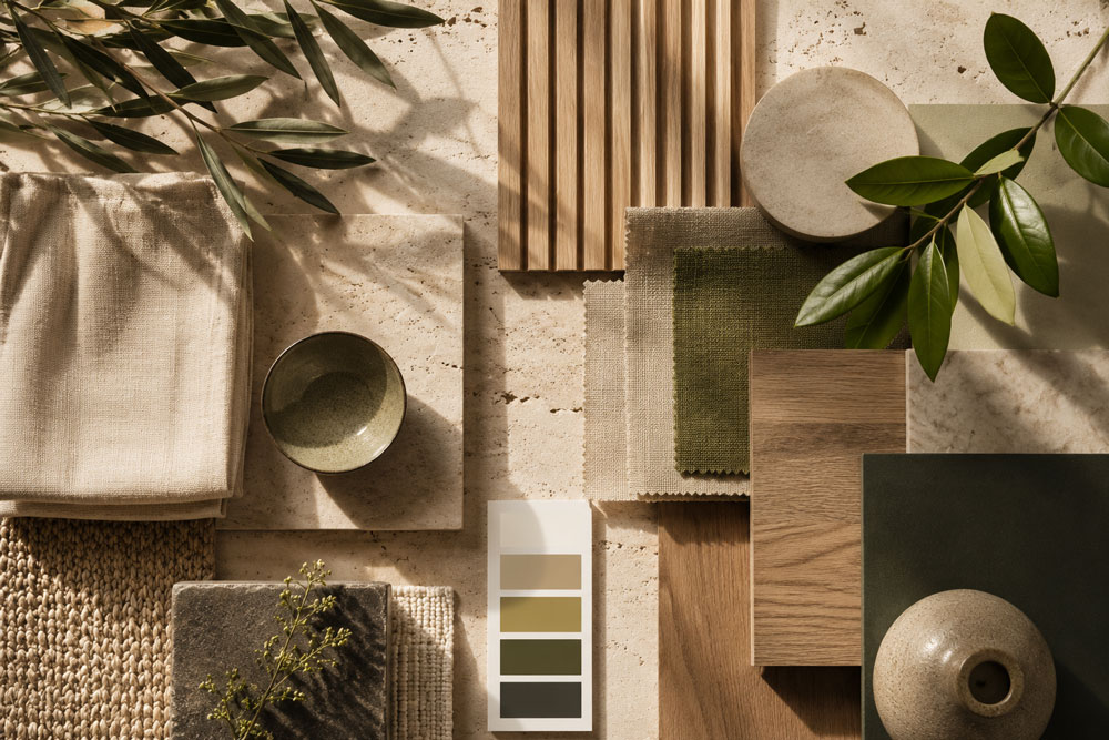 Paleta cromática biofílica con colores tierra y materiales naturales