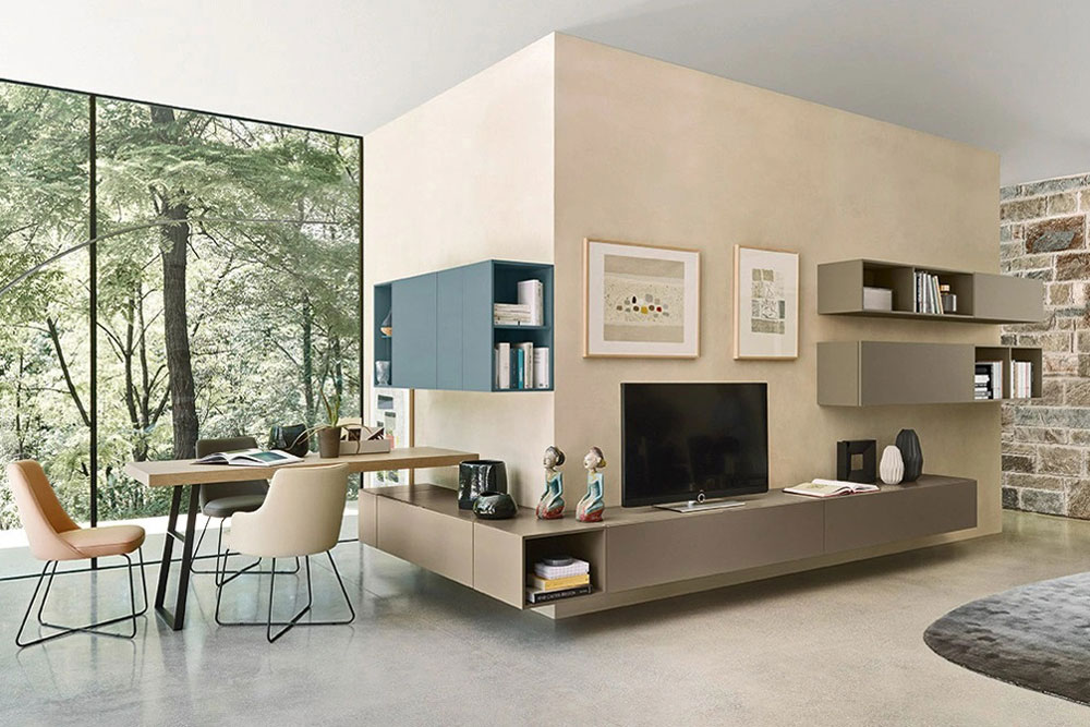 Composición de salón moderna con TV y módulos de almacenaje