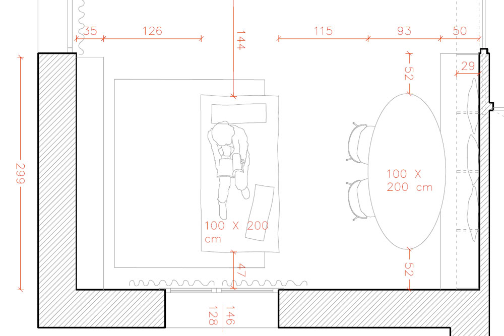 Esquema con las distancias correctas entre sofá, mesa de centro y mueble TV