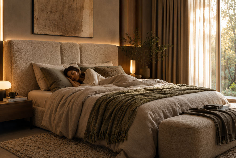 Dormitorio silencioso y ergonómico con cabecero tapizado fonoabsorbente