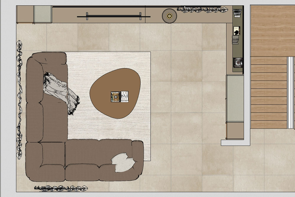 Large living room: zoning with TV area and reading corner