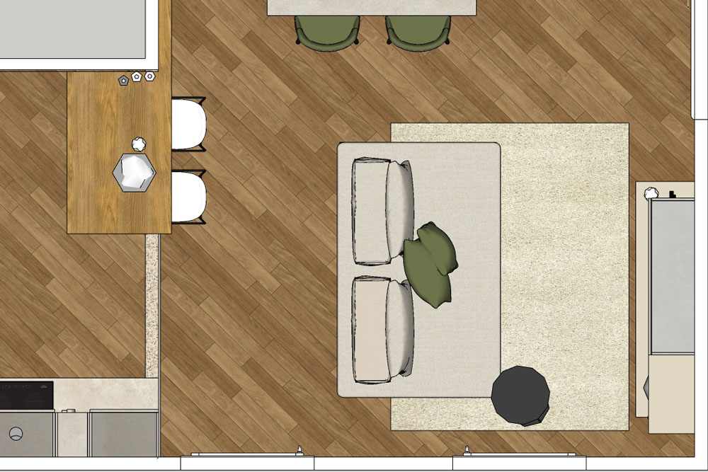 Small living room: layout with compact sofa and TV unit
