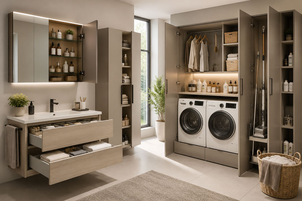 Modern storage solutions for bathrooms and utility rooms with coordinated cupboards and organised drawers