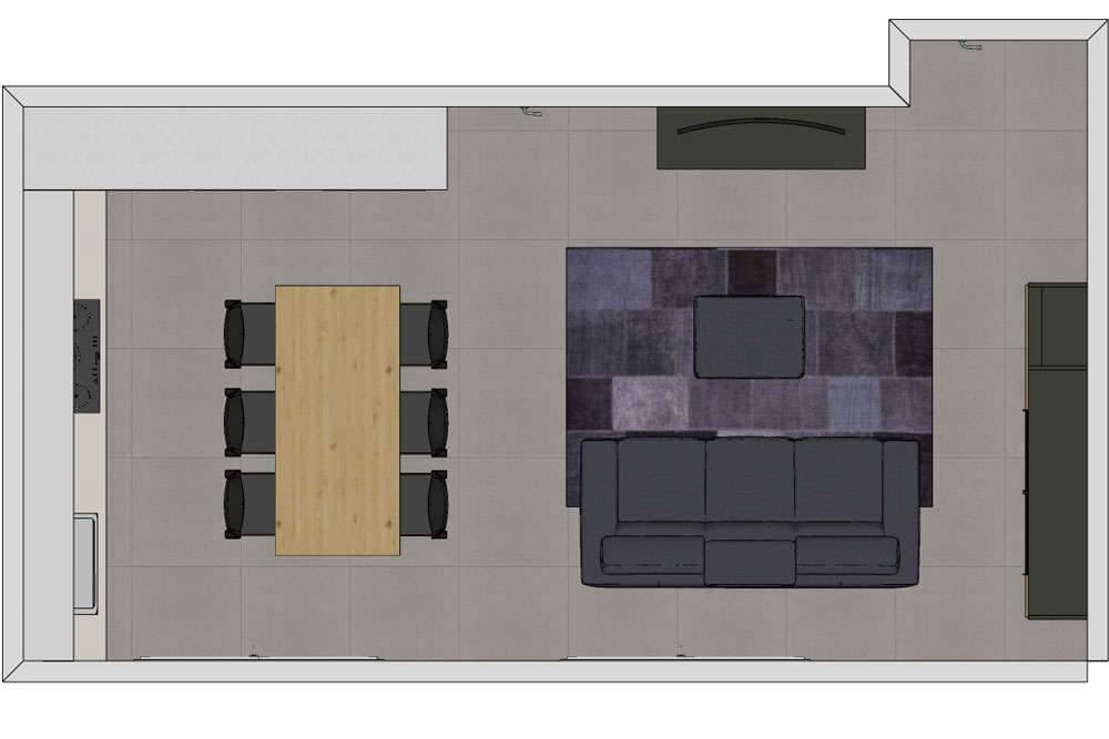 Open-plan room with a fixed dining table