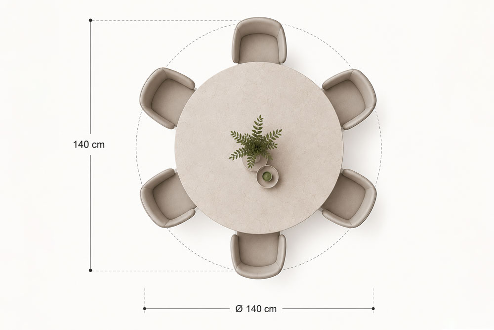 Schema ergonomico dei posti a sedere per tavolo rotondo da 140 cm