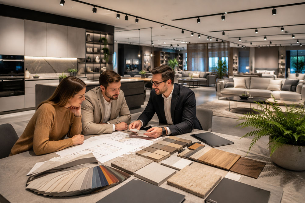 Visita a showroom de muebles en el distrito del mueble italiano con asesoramiento de interiorismo y selección de acabados